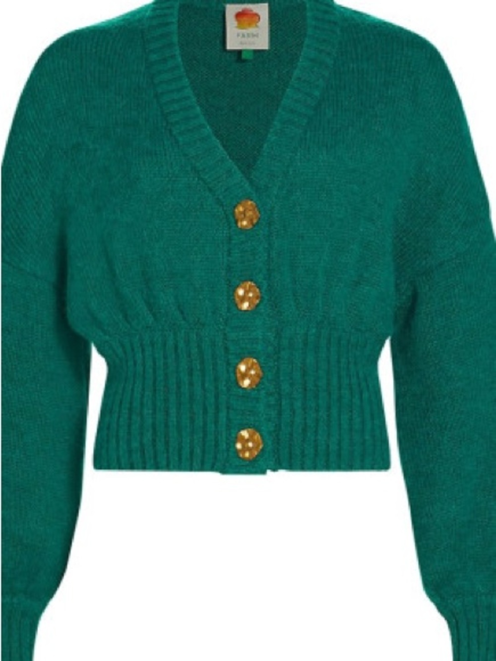 FARM Rio Teal Cropped V-Neck Cardigan with Gold Buttons